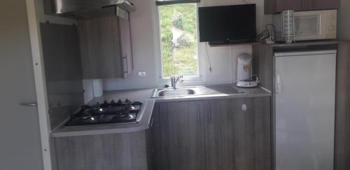 Saint-Martin-PlageMOBIL HOME CAMPING LES GOELANDS ***的厨房配有水槽、炉灶和窗户。