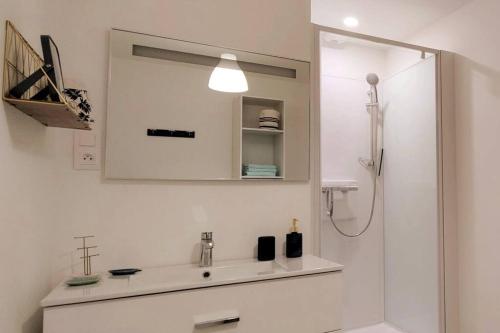 格朗维尔Belle époque的带淋浴、盥洗盆和镜子的浴室