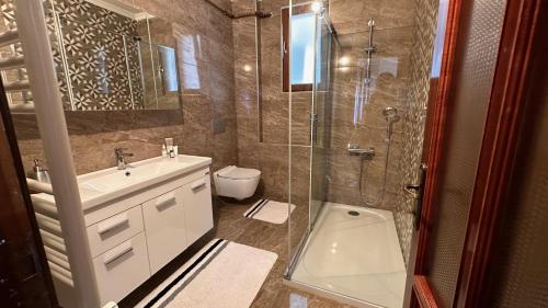 特拉布宗Large Duplex Penthouse - 5 Rooms - 2 Bathrooms - SeaView - Hagia Sophia的浴室配有卫生间、盥洗盆和淋浴。