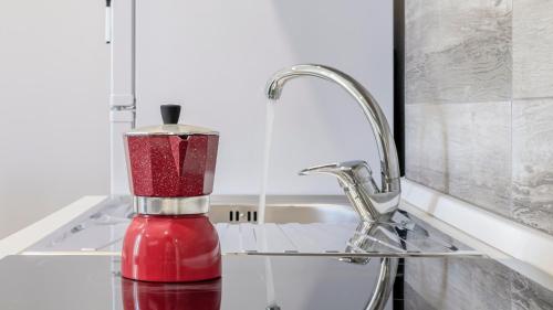 L'amoruccio的水槽旁的柜台上的一个红色搅拌器