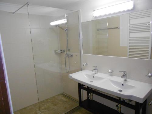 雷特温克尔白马旅馆的一间带水槽和玻璃淋浴的浴室