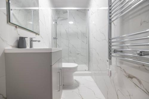 莱斯特The Pocklington - The Filbert Suite的白色的浴室设有水槽和卫生间。