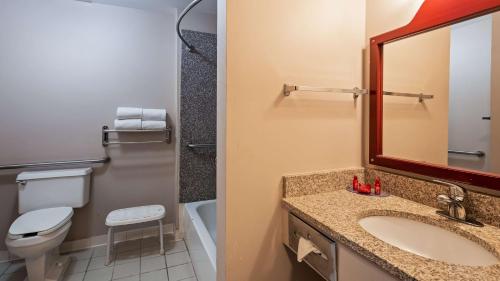 奥本SureStay Plus Hotel by Best Western Auburn的一间带水槽、卫生间和镜子的浴室
