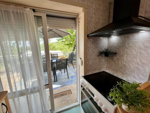 阿尔贝纳Villa MAXIMILIYAN的厨房设有玻璃门,可通往庭院。