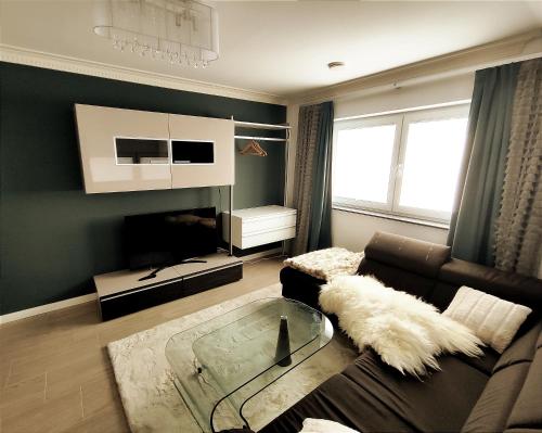 兰河畔马尔堡Komfortzone - stilvolle Gästewohnung in Marburg的带沙发和玻璃茶几的客厅