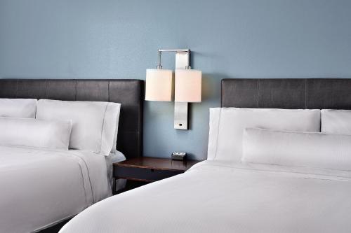 汉诺瓦BWI机场阿伦德尔米尔斯埃利门特酒店的一间卧室配有两张床和一张带台灯的桌子
