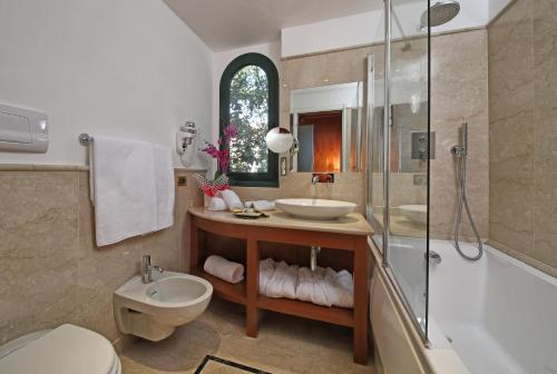加尔多内-里维耶拉卡普里别墅酒店的一间带水槽、淋浴和卫生间的浴室
