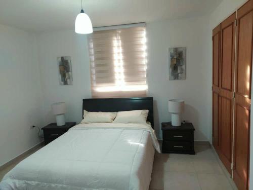 El Morro de BarcelonaConfortable apartamento en Marina del Rey Lecheria的一间卧室设有一张大床和两个床头柜