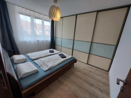 布拉迪斯拉发Útulný apartmán v Bratislava 4的一间卧室设有一张床和一个大窗户