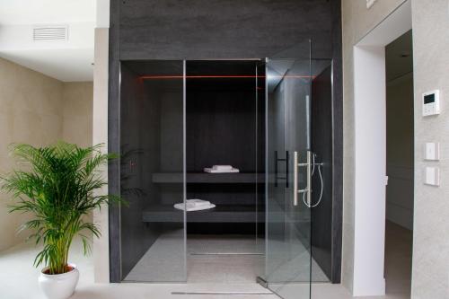 利多迪耶索罗米拉菲奥瑞酒店的植物浴室内的玻璃淋浴间