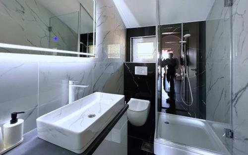 特里班Plavi Val Apartments的白色的浴室设有水槽和淋浴。
