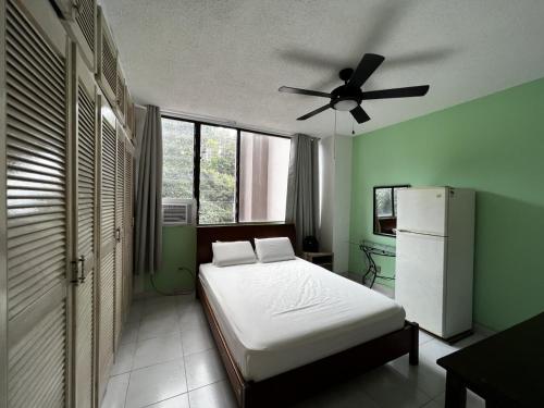 巴拿马城Habitación amplia con baño privado en Apartamento familiar的一间卧室配有一张床和吊扇