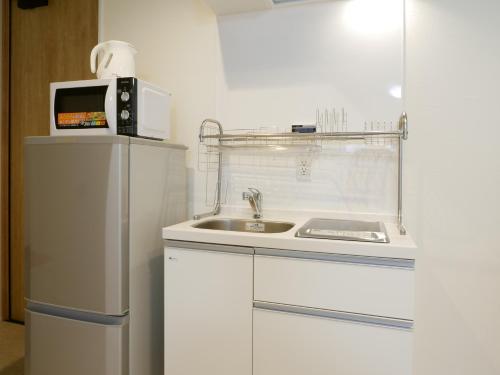 京都Haku Tofukuji的白色的厨房配有水槽和微波炉