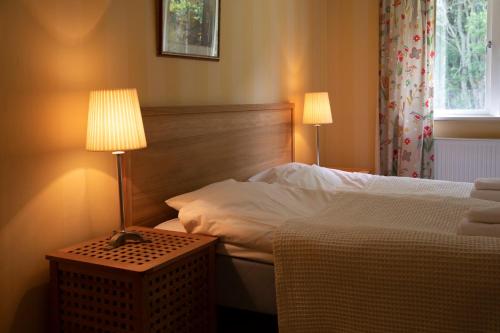 海勒福什Sikfors Gästhus的一间卧室配有一张床和一张桌子上的两盏灯。