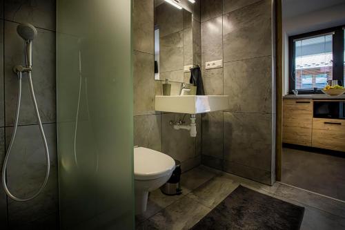 KraľovanyUbytovacie zariadenie U Mudajov的浴室配有卫生间、盥洗盆和淋浴。