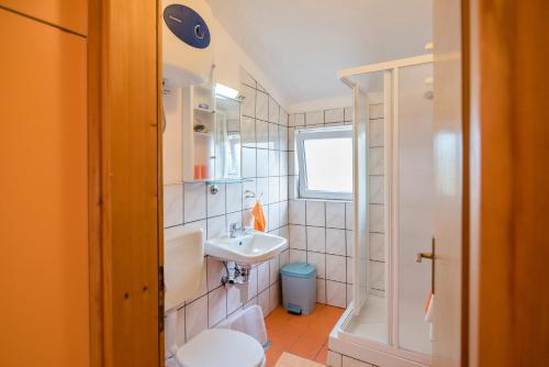 LukaApartmani Topolovec的一间带水槽、卫生间和淋浴的浴室
