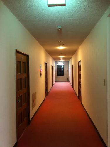 汤泽町NAEBA KOGEN HOTEL的一条长长的走廊,有红地毯和门