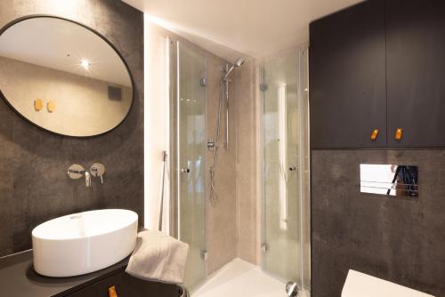 吕奥姆Les Dômes des Gorges的浴室配有盥洗盆和带镜子的淋浴