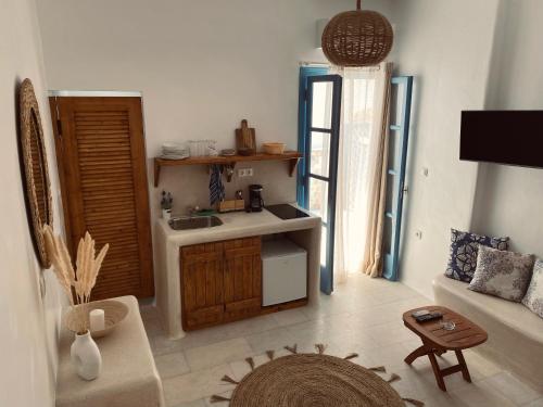 纳克索乔拉BLUE IN NAXOS的一间带水槽的客厅和一间厨房