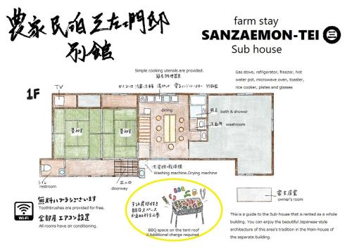 高岛市Farm stay inn Sanzaemon-tei 別館 2023OPEN Shiga-takasima Reserved for one group per day Japanese Old folk house的萨库拉文提翁附属房屋的平面图
