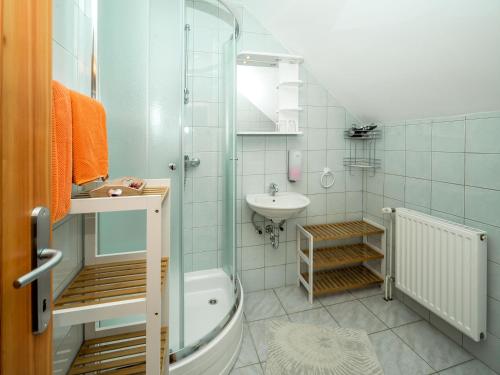 索尔察瓦图里斯梅提葛来阁乡村民宿的带淋浴、盥洗盆和卫生间的浴室