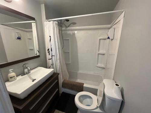 罗贝瓦勒Auberge Lac-Saint-Jean的白色的浴室设有水槽和卫生间。