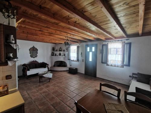 阿洛尼索斯古镇SeaL Villa的客厅设有木制天花板和桌子