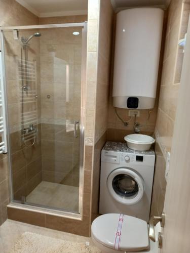 昆博House Hill Star Kumbor的带淋浴卫生间和洗衣机的浴室