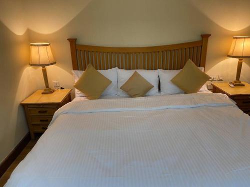 莫尔穆冈1BHK Luxury Homestay In Betalbatim, South Goa的一间卧室配有一张带两盏灯的大型白色床。