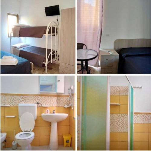 尼科泰拉码头La Bagnarota的一间设有浴室和一间卧室的房间的三幅照片