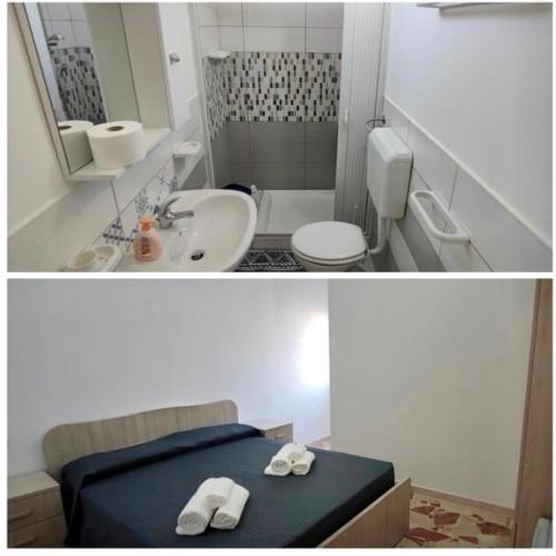 尼科泰拉码头La Bagnarota的浴室的两张照片,配有一张床和一个水槽