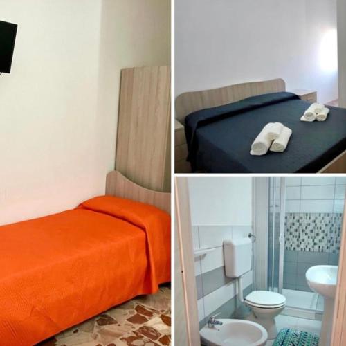 尼科泰拉码头La Bagnarota的卧室的三张图片,卧室配有一张床和一个卫生间