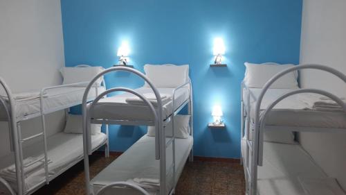 特罗佩阿First Hostel Tropea的客房设有两张双层床和蓝色的墙壁