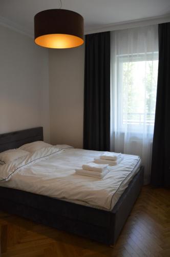 托伦Almi Apartment, Villa Moderno z podziemnym parkingiem的一间卧室配有带毛巾的床