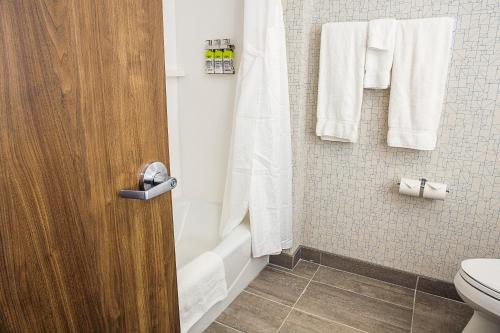 哈利法克斯Holiday Inn Express & Suites - Halifax – Dartmouth的浴室设有卫生间和带毛巾的淋浴。