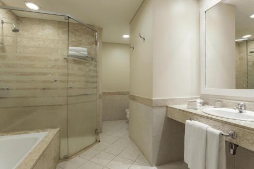 亚松森亚松森喜来登酒店的一间带玻璃淋浴和水槽的浴室