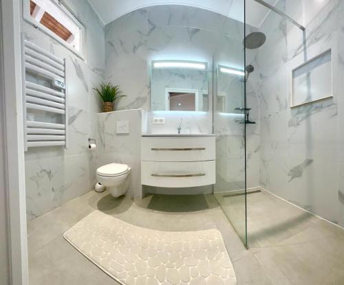 卡尔热斯科伦巴拉公寓式酒店的一间带卫生间和玻璃淋浴间的浴室