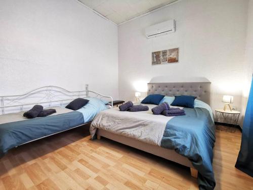 米拉马斯L'hypercentre - Clim - Terrasse - WIFI的一间卧室配有两张带蓝色枕头的床