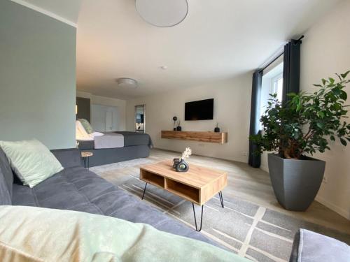 代特莫尔德QT Apartments Detmold - Stilvoll - Top Lage - Parkplatz inklusive的客厅配有沙发和桌子