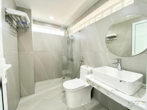 岘港Moc Son Apartment - Attractive price for week and month stay的一间带水槽、卫生间和镜子的浴室