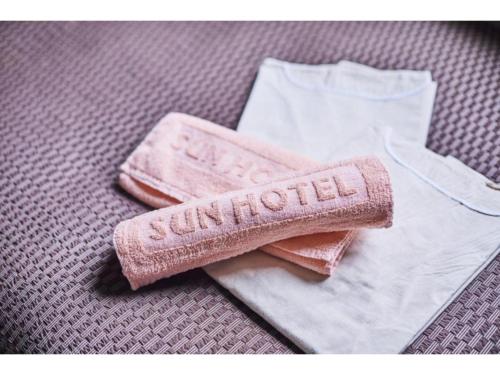 浦安Urayasu Sun Hotel - Vacation STAY 33015v的桌子上一双毛巾和刷子