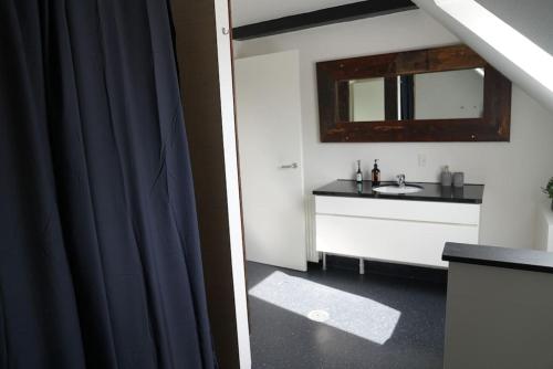 瓦埃勒Penthouselejlighed midt i Vejle的一间带水槽和镜子的浴室