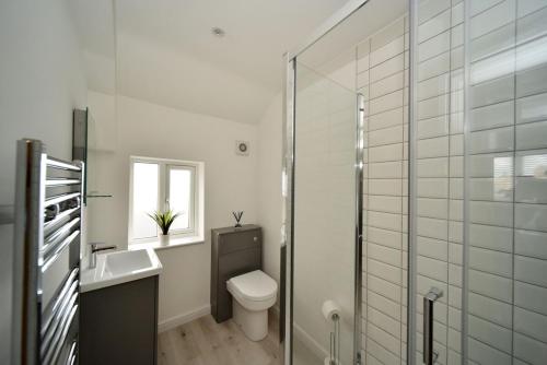 麦克尔斯菲尔德Chester Road Serviced Apartments的浴室配有卫生间、盥洗盆和淋浴。
