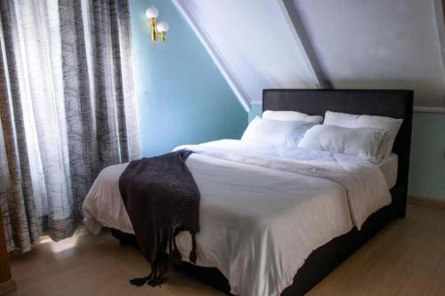 内罗毕Charming 1-Bed Penthouse in Karen Nairobi的卧室配有一张带白色床单和枕头的大床。
