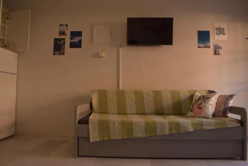 伊里斯斯Iris House的客厅配有沙发和墙上的电视