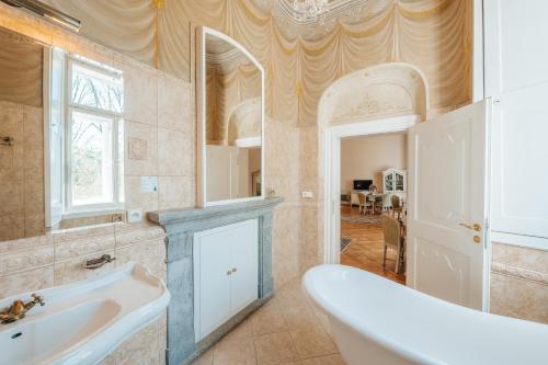 赫拉德克扎麦赫拉迪克酒店的带浴缸、水槽和镜子的浴室