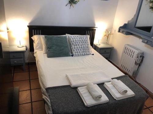 托莱多Apartamento familiar en Toledo, con 2 dormitorios, camas de matrimonio, ideal ubicación y fantàsticas vistas的一间卧室配有一张大床和毛巾