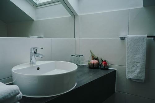 格拉茨Appartement Steinbichler的白色的浴室设有水槽和镜子