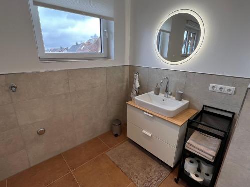 KindsbachGemütliche, ruhige Wohnung的一间带水槽和镜子的浴室