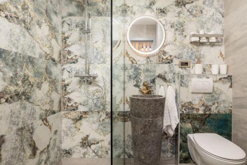 洛夫兰Maisonette Apartment Matej的一间带卫生间和玻璃淋浴间的浴室